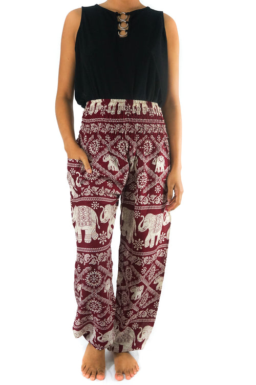 Red & White Elephant Boho Harem Pants – Women's Hippie Yoga Festival Trousers
