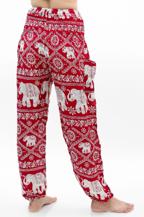 Red & White Elephant Boho Harem Pants – Women's Hippie Yoga Festival Trousers