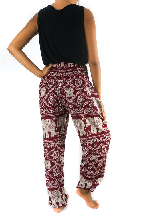 Red & White Elephant Boho Harem Pants – Women's Hippie Yoga Festival Trousers