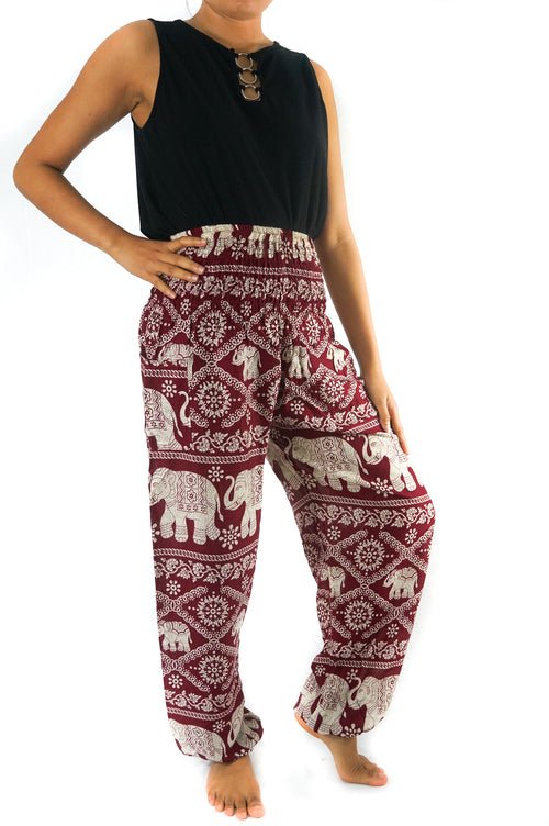 Red & White Elephant Boho Harem Pants – Women's Hippie Yoga Festival Trousers