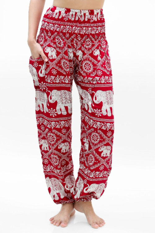 Red & White Elephant Boho Harem Pants – Women's Hippie Yoga Festival Trousers