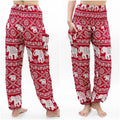 Red & White Elephant Boho Harem Pants – Women's Hippie Yoga Festival Trousers