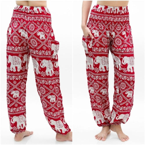 Red & White Elephant Boho Harem Pants – Women's Hippie Yoga Festival Trousers
