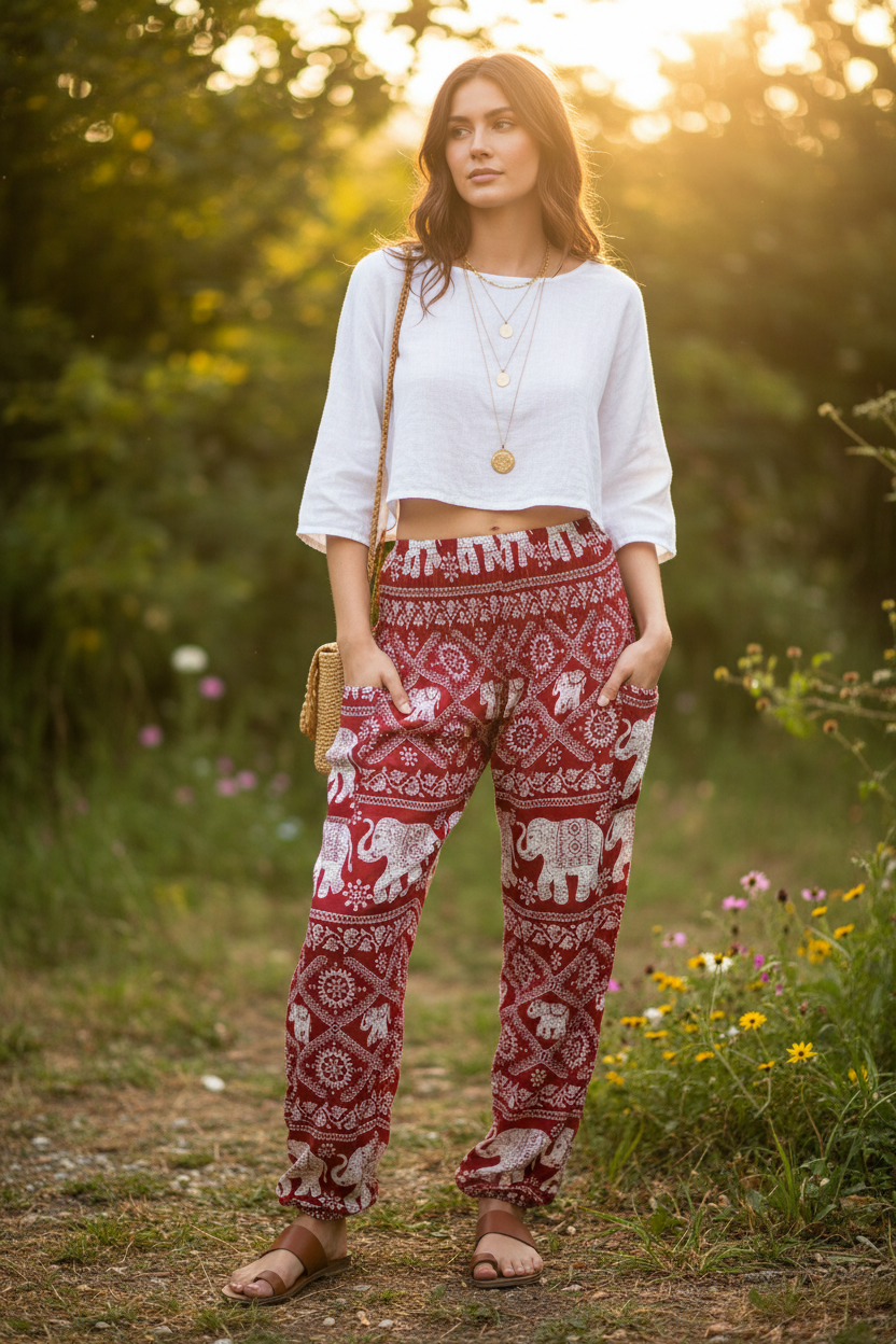 Woman wearing burgundy elephant print boho harem pants at a festival